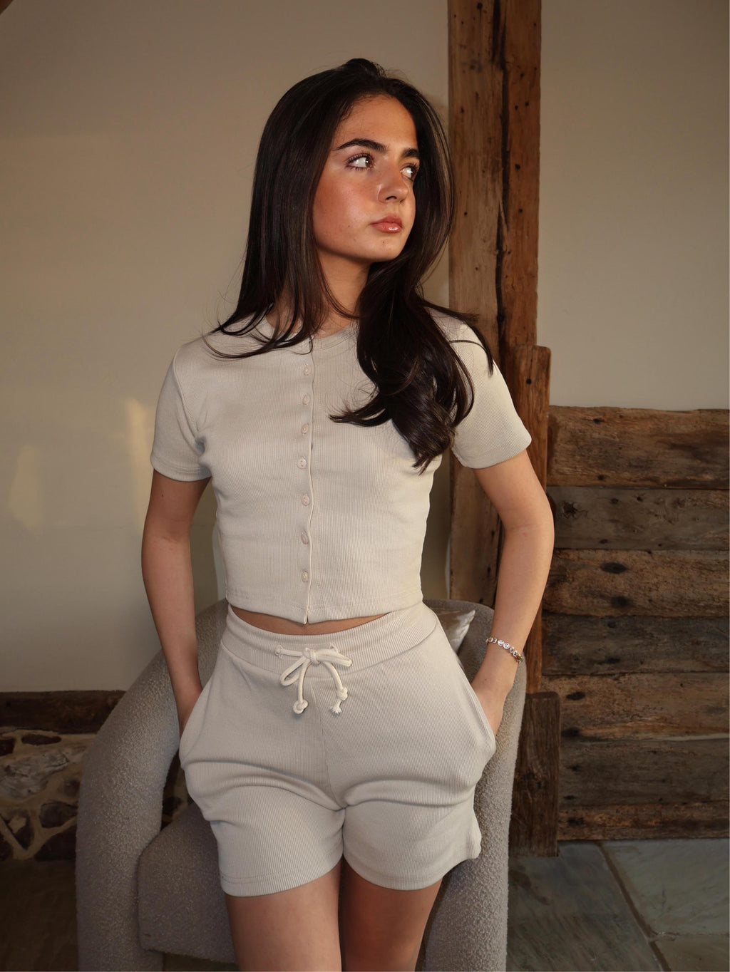 Ribbed Button Front Top And Shorts Set