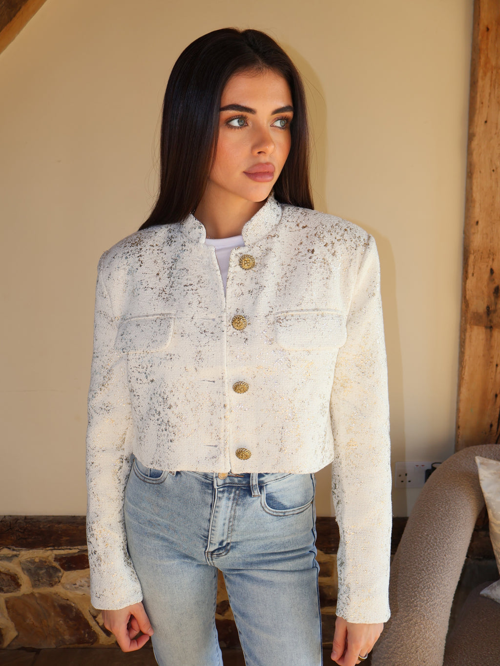 METALLIC MANDARIN COLLAR CROPPED BLAZER