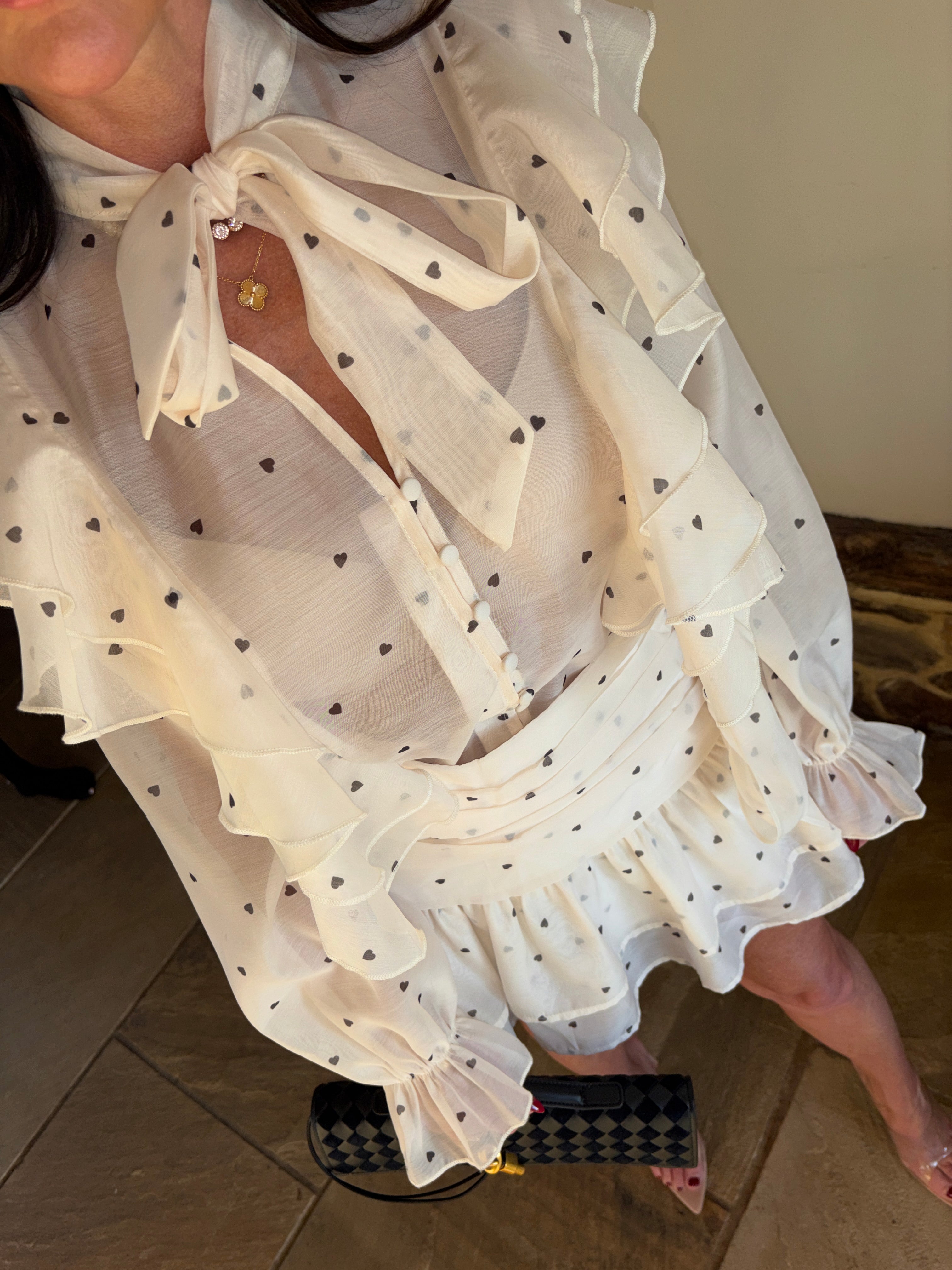 CREAM HEART PRINT STATEMENT SKIRT SET