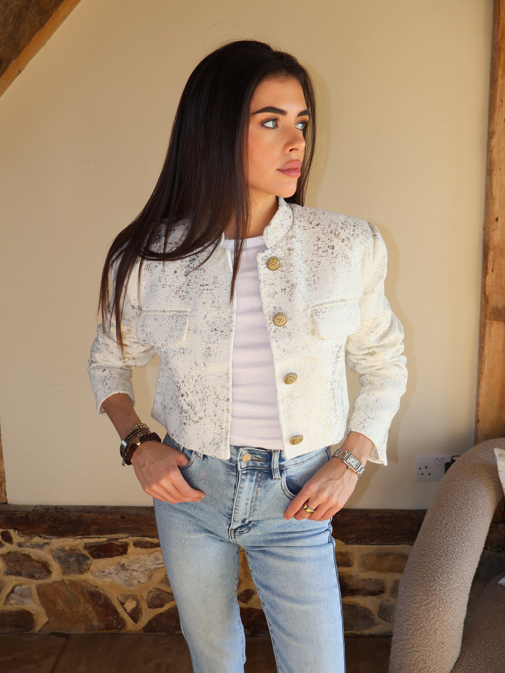 METALLIC MANDARIN COLLAR CROPPED BLAZER