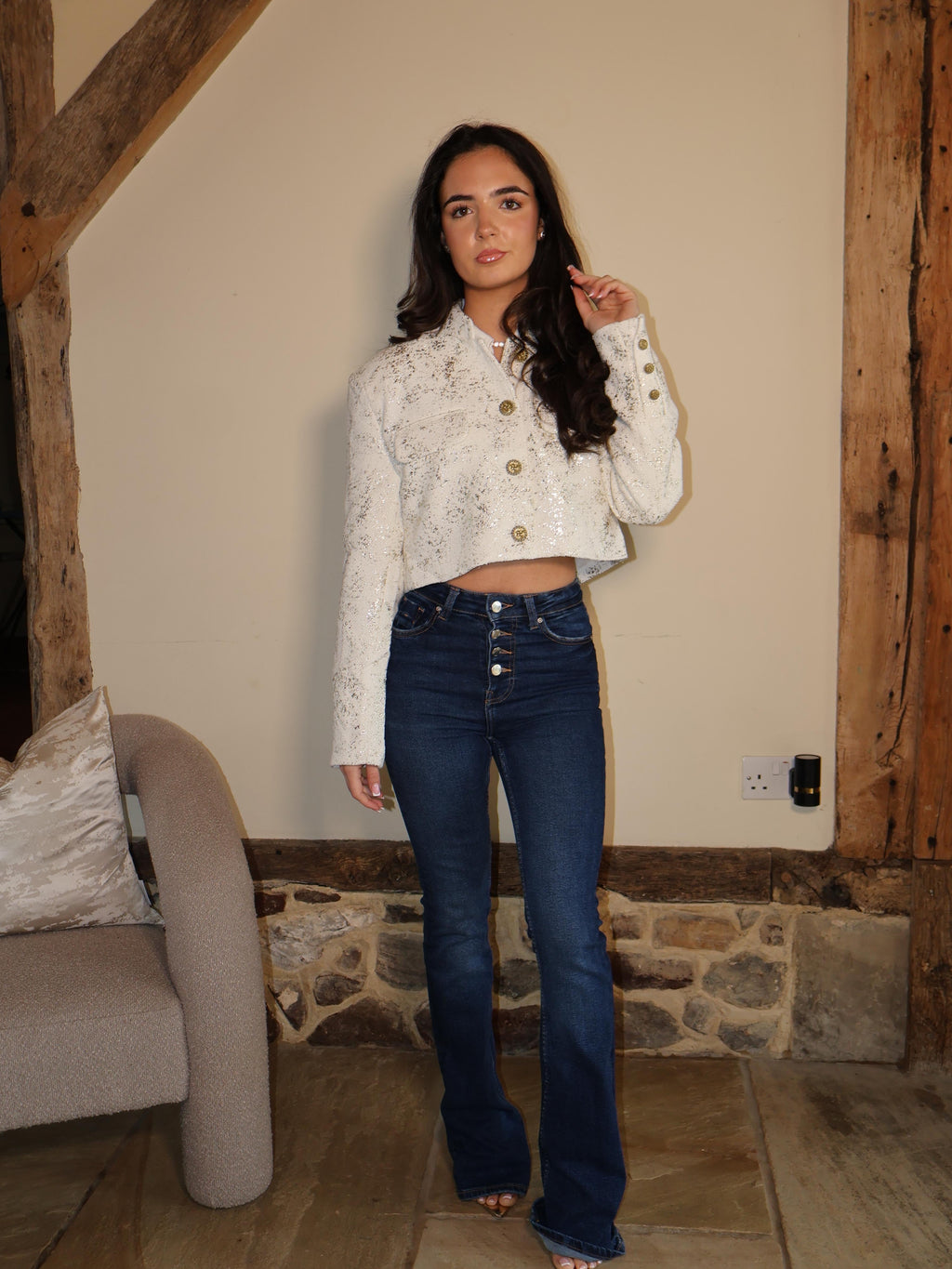 METALLIC MANDARIN COLLAR CROPPED BLAZER