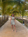 Khaki Round Neck Pleated Hip Mini Dress