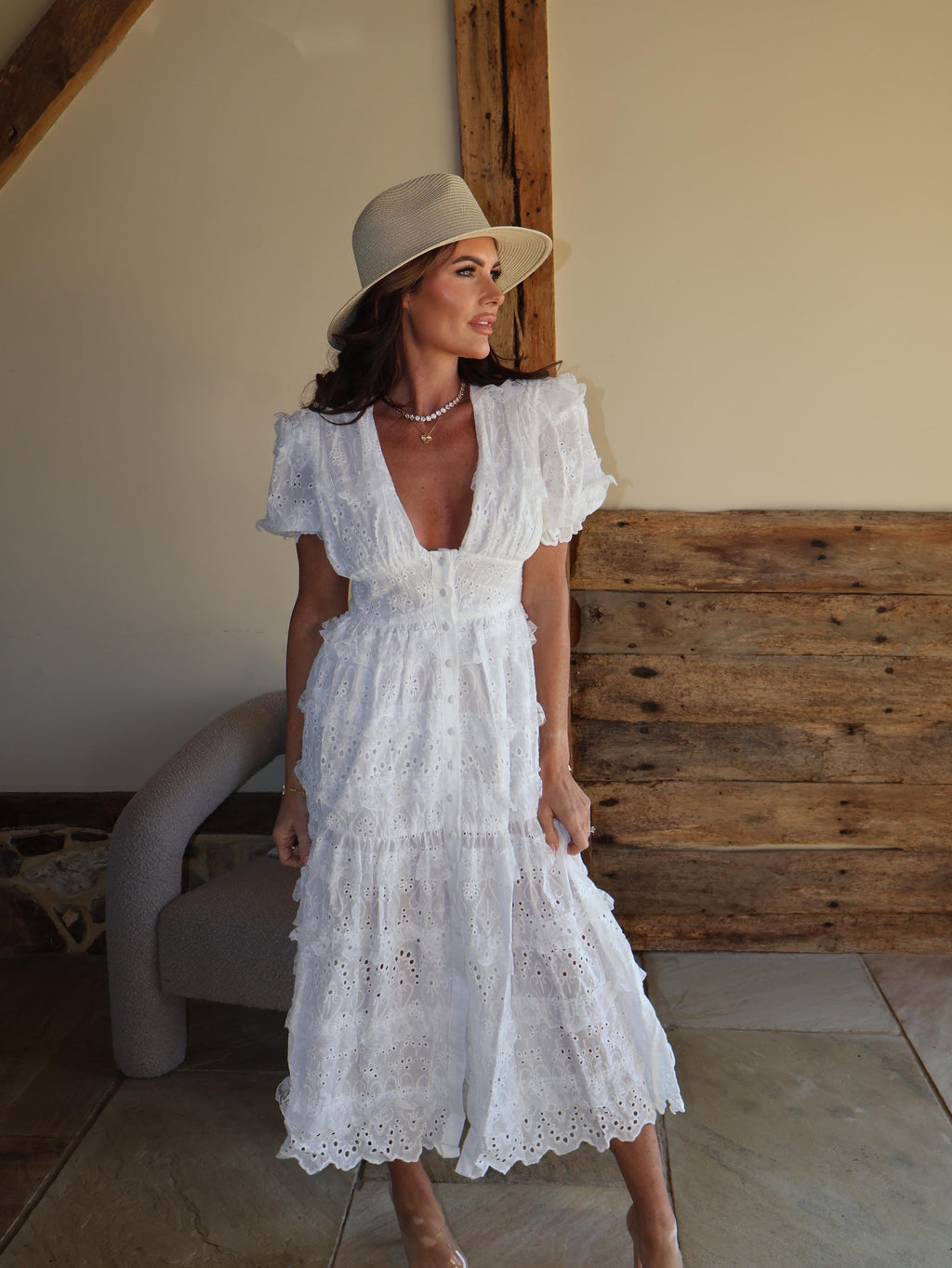 Anglaise Plunge Midi Dress