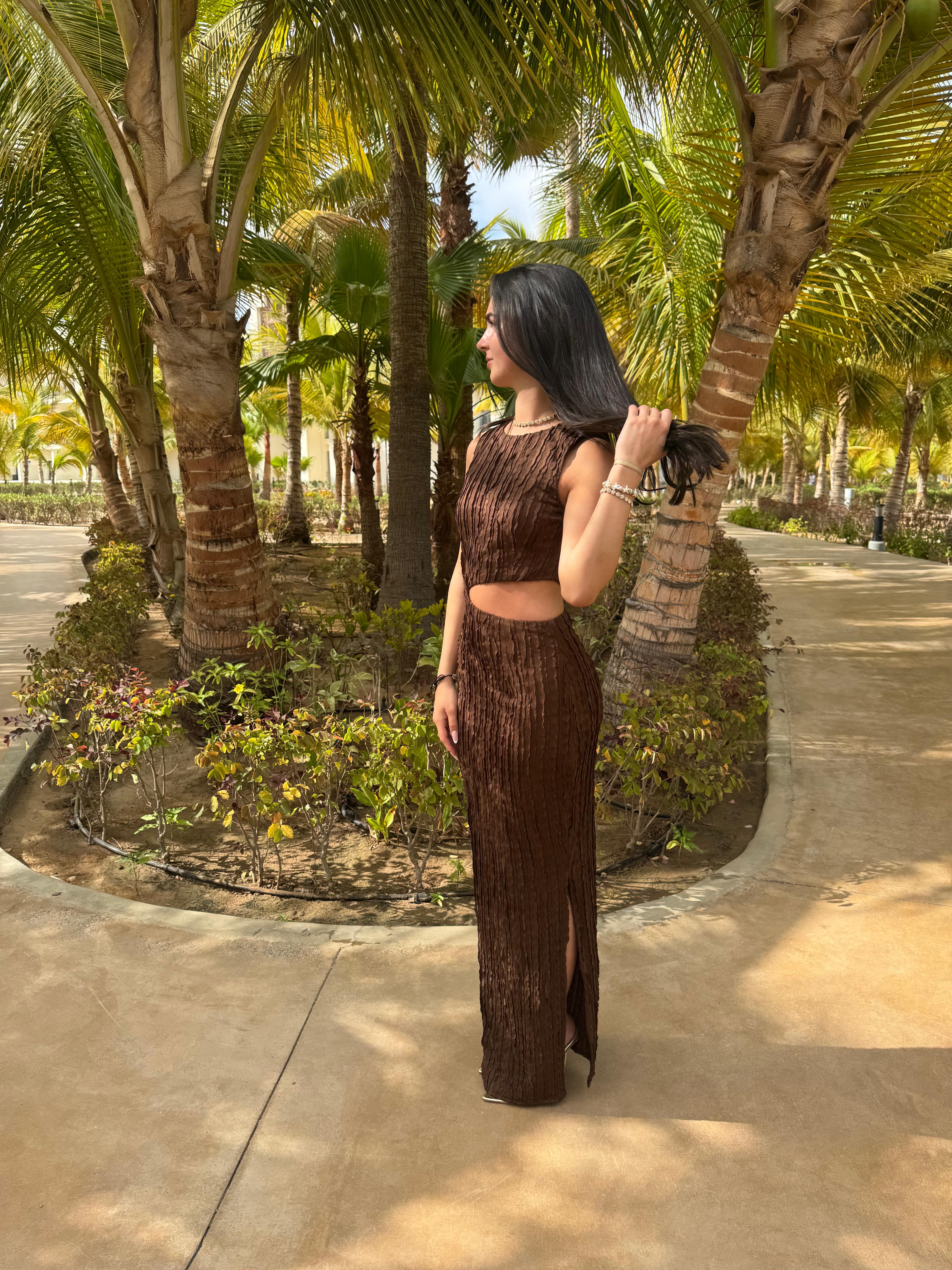 Chocolate Textured Side Waist Cut Out Midi Dress
