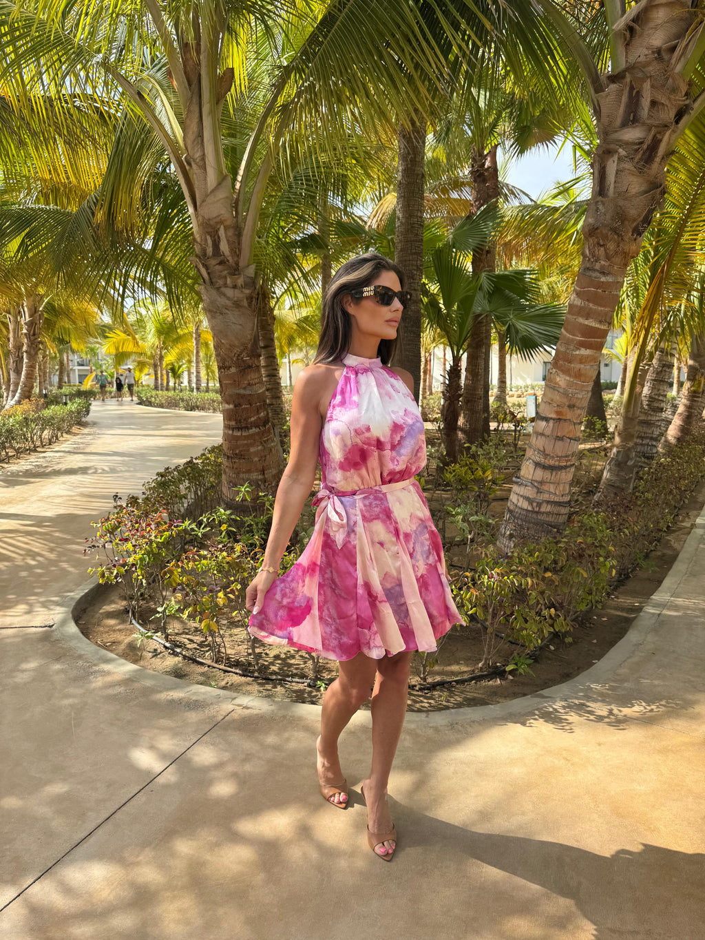 Pink Marble Print Halterneck Tie Waist Mini Dress