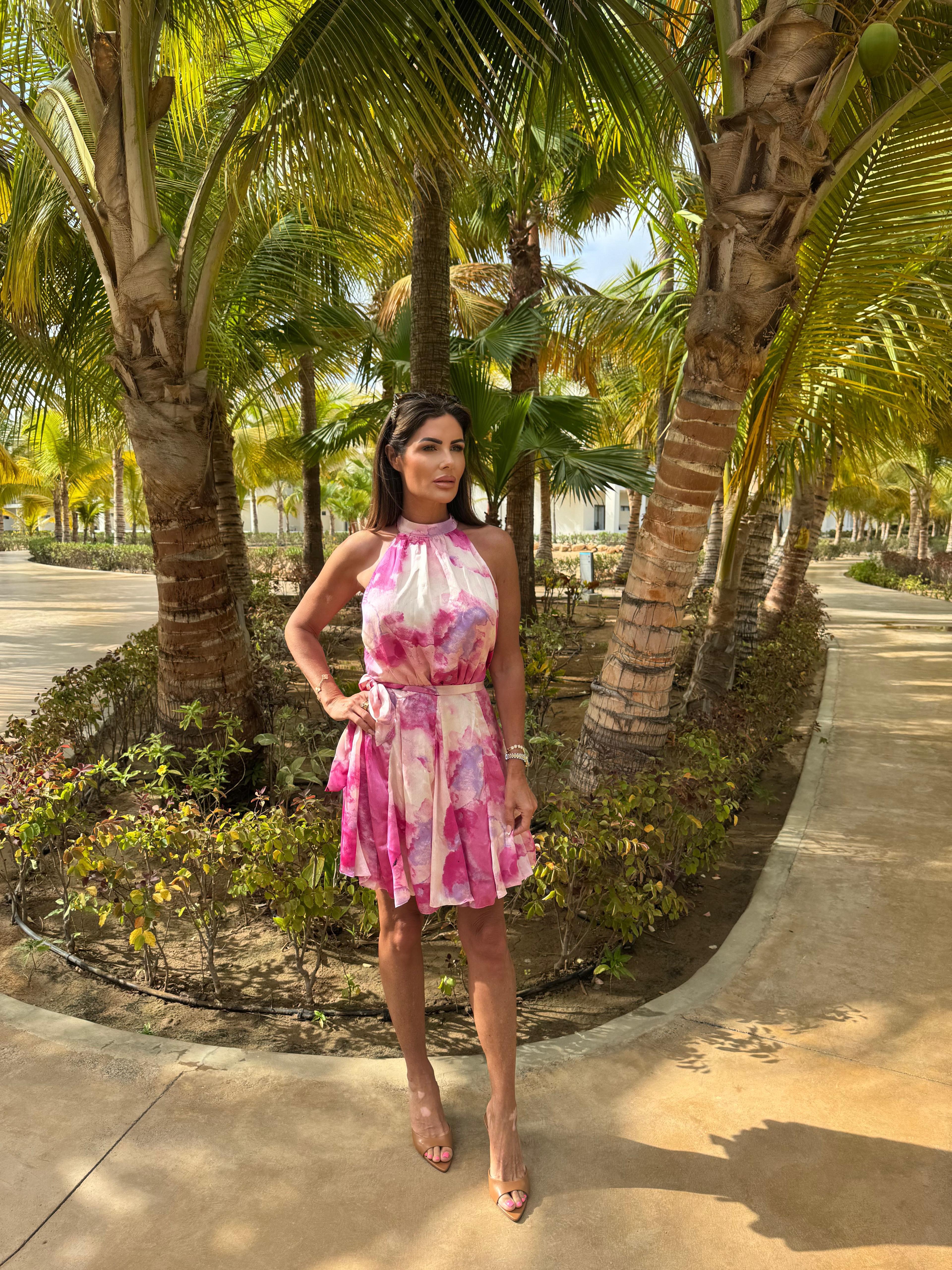 Pink Marble Print Halterneck Tie Waist Mini Dress